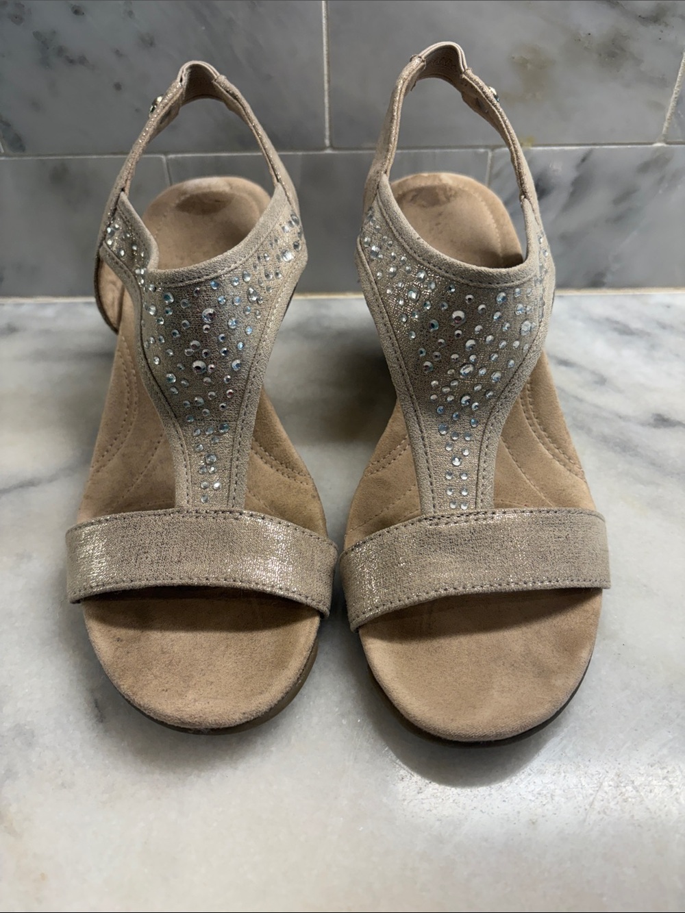 AK Sport - Women's Sparkle T-Strap Sandals in Light Beige